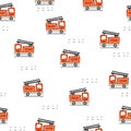 Seamless pattern with cartoon fire engines, decor elements. Colorful vector flat style for kids. hand drawing. Royalty Free Stock Photo